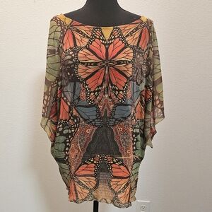 Live And Let Live Top Women L Chiffon Pleated Butterfly Print Tunic Boho
